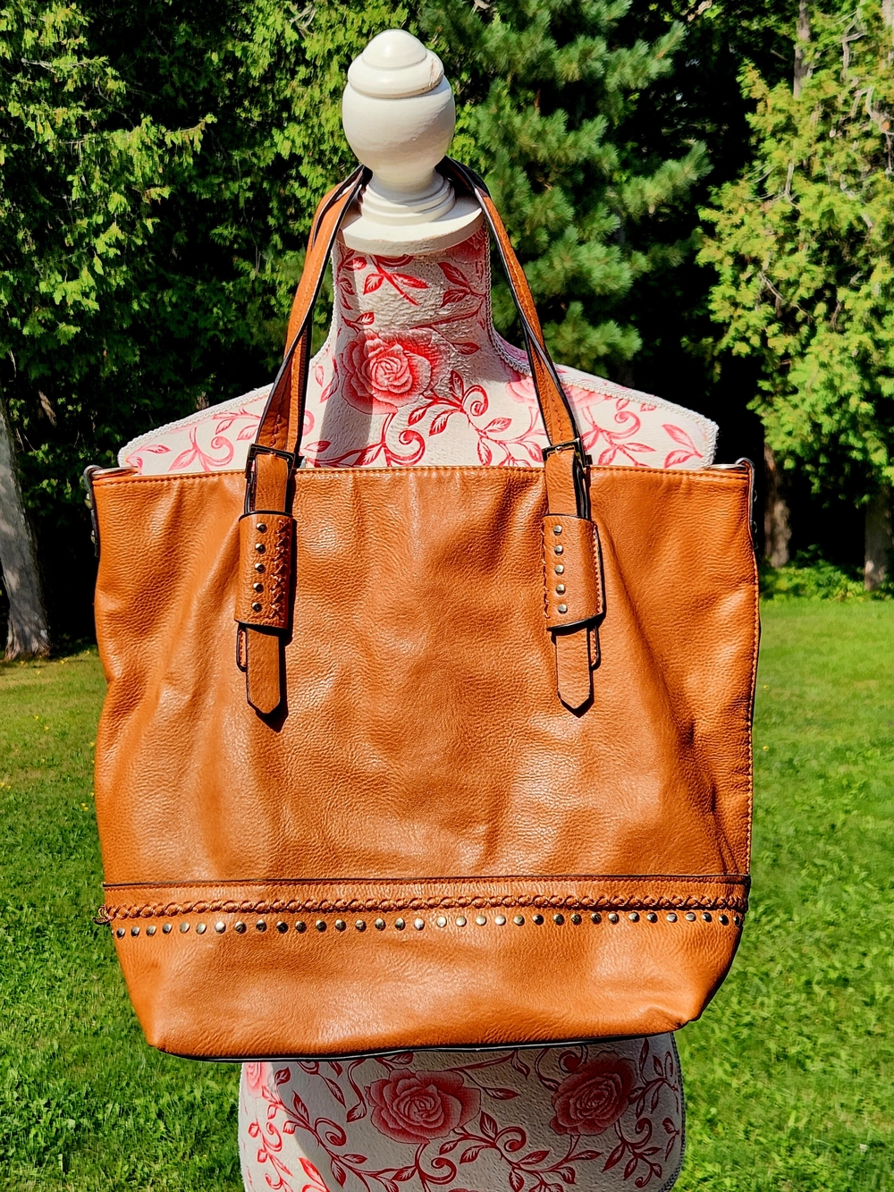Caramel Tan Stud-Trim Leather Tote Conceal Carry Vegan Leather *Virago